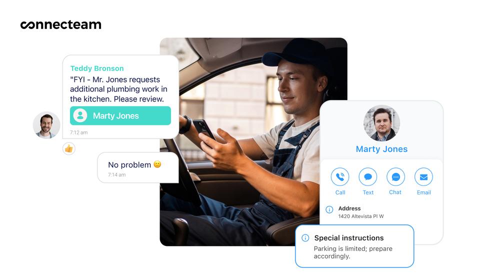 Connecteam Chat screen showing special instructions sent to an employee.