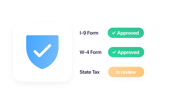 Connecteam compliance feature preview showing I-9, W-4 and state tax form statuses