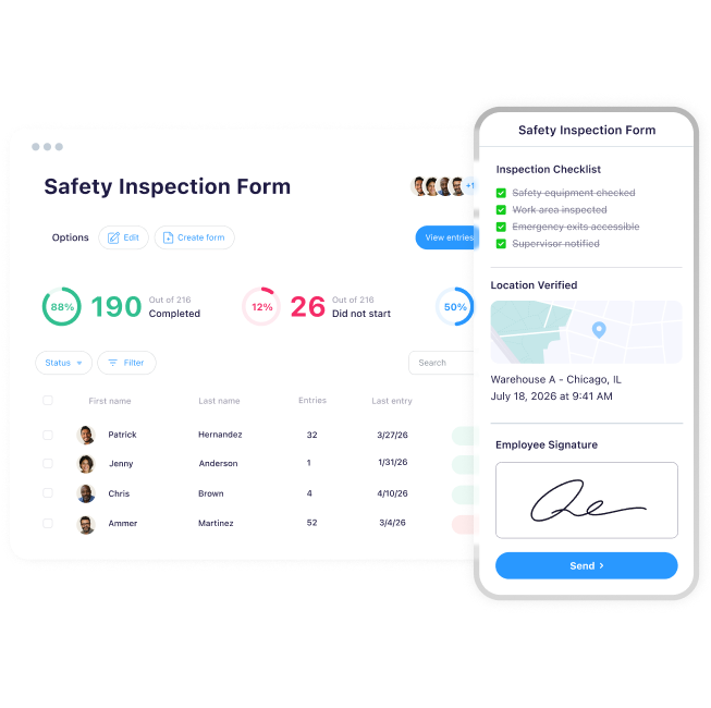 Connecteam digital forms and checklists app shown on desktop and mobile with a safety inspection form and completion tracking