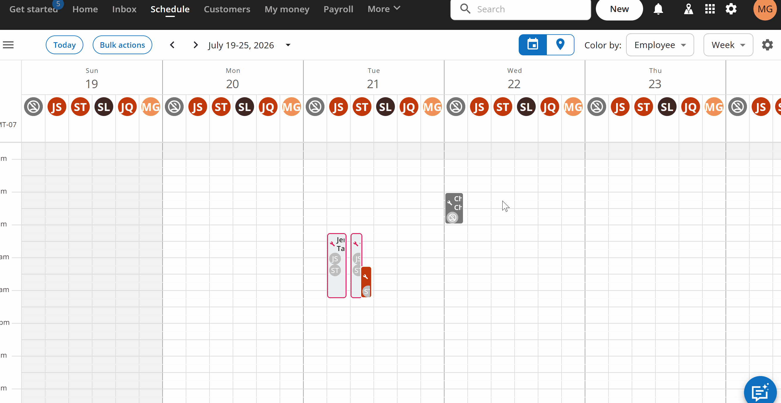 A GIF showing how to schedule a job in Housecall Pro by selecting a time on the calendar, creating a job, and adding a customer and service.