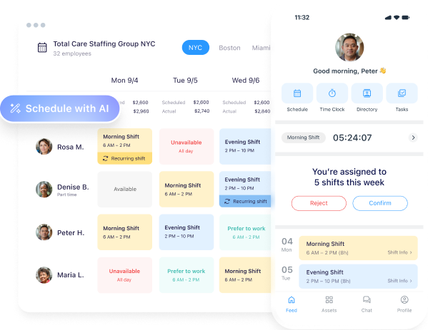 Connecteam AI employee scheduling software on desktop and mobile.