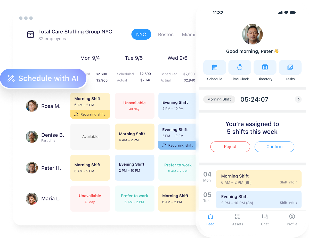 Connecteam AI employee scheduling software on desktop and mobile.