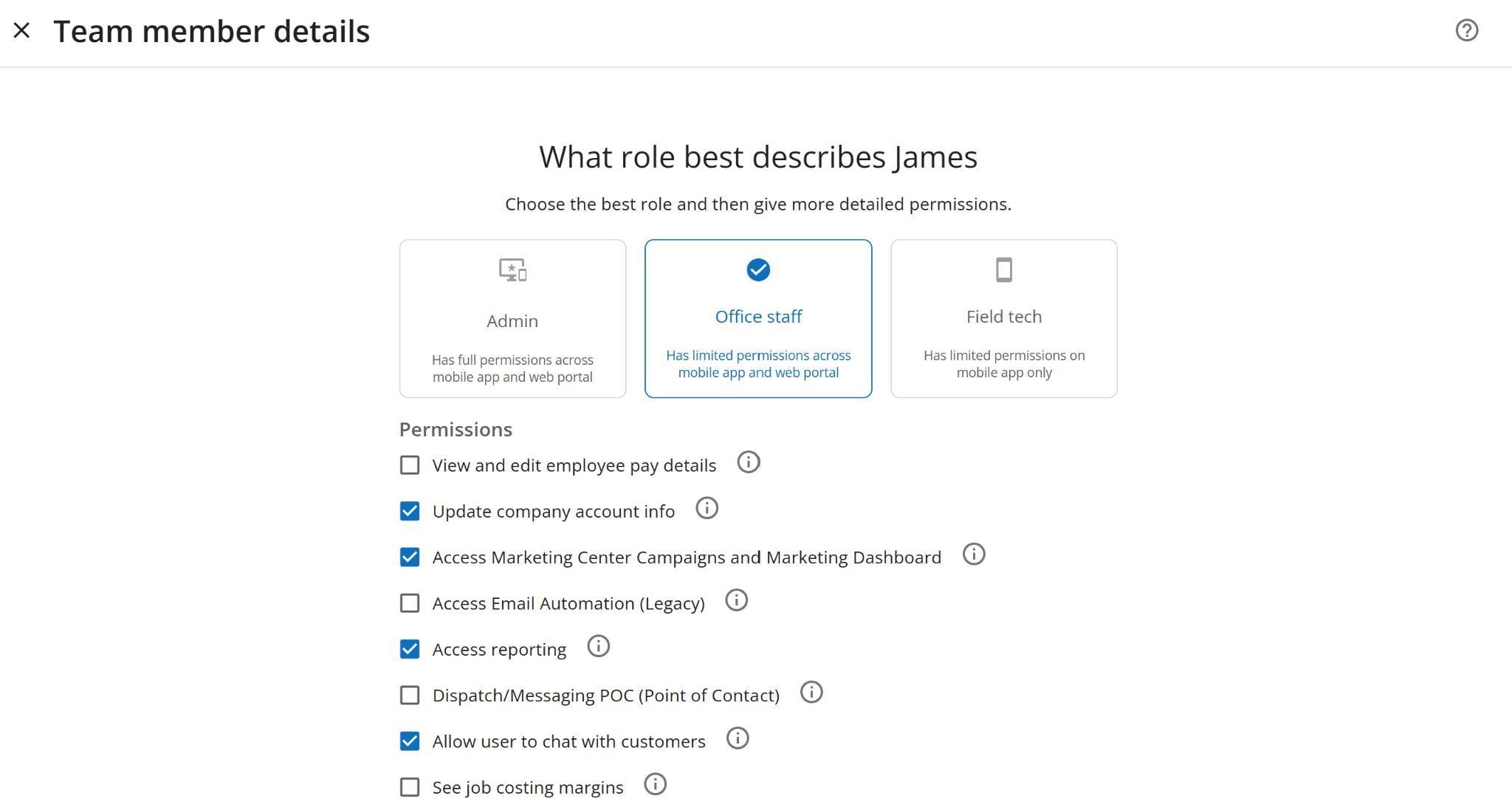 Adding an employee in Housecall Pro. You can categorize employees as admins, office staff, or field techs, plus customize what permissions they have, such as access to reporting, job costing margins, and more.