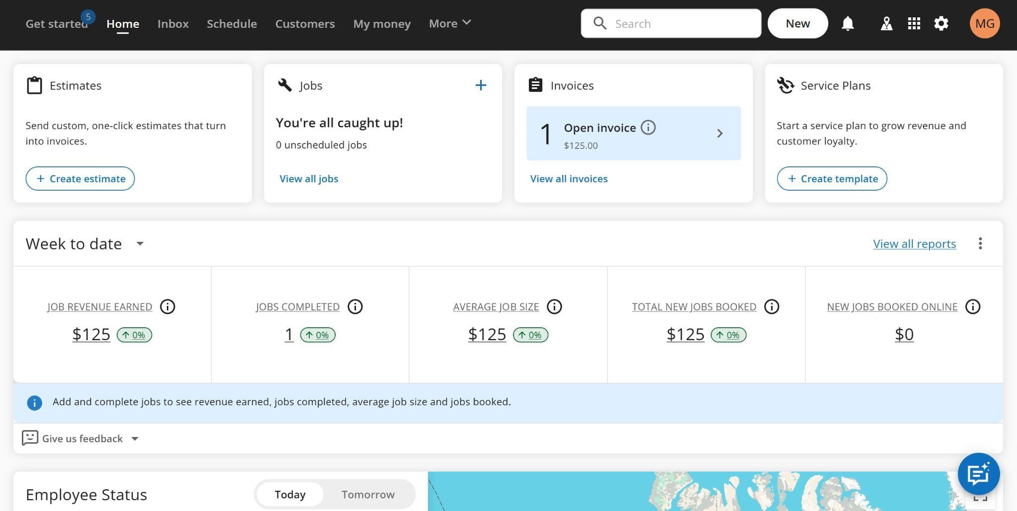 Housecall Pro&rsquo;s dashboard offers shortcuts for estimates, jobs, and invoices, plus summary statistics about your revenue and completed jobs. The top bar lets you navigate to Inbox, Schedule, Customers, and more.