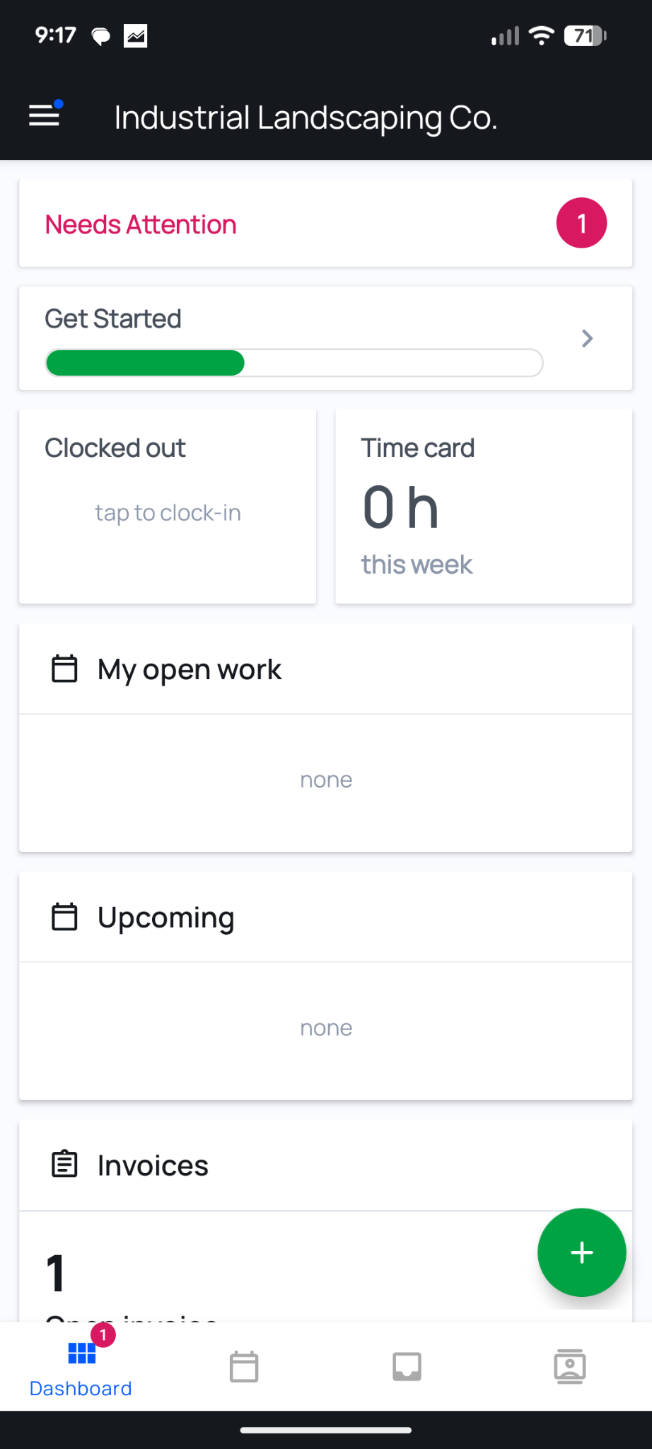 The Housecall Pro mobile app dashboard offers a 1-tap time clock and a view of your assigned jobs, open invoices, and items that need attention, marked in red right at the top.