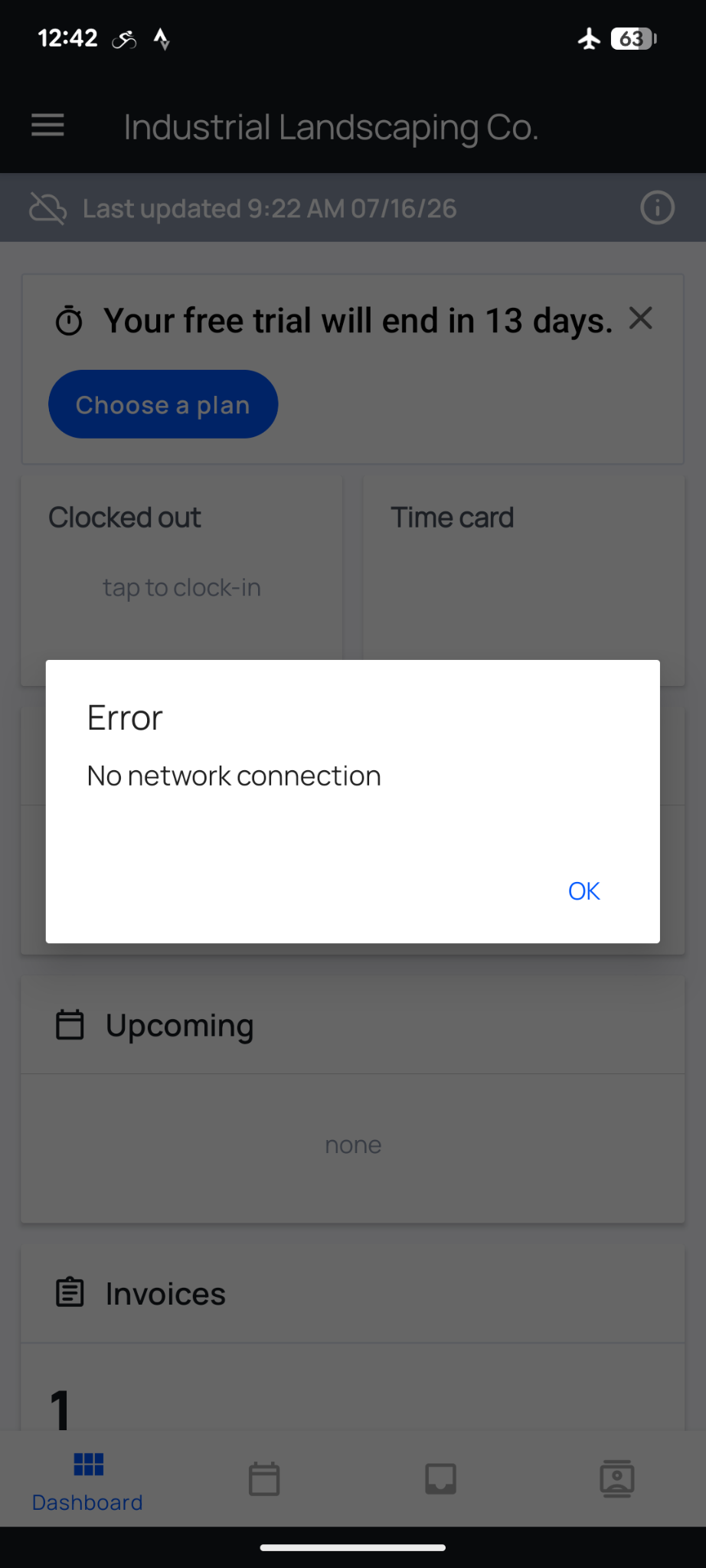 A &lsquo;No network connection&rsquo; error message in the Housecall Pro mobile app. The app doesn&rsquo;t function offline at all.