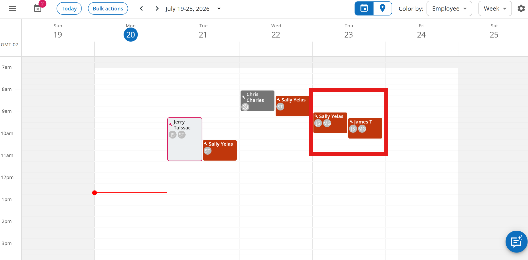 A schedule in Housecall Pro showing two employees scheduled for overlapping jobs (highlighted in the red box). Housecall Pro doesn&rsquo;t alert you to schedule conflicts.