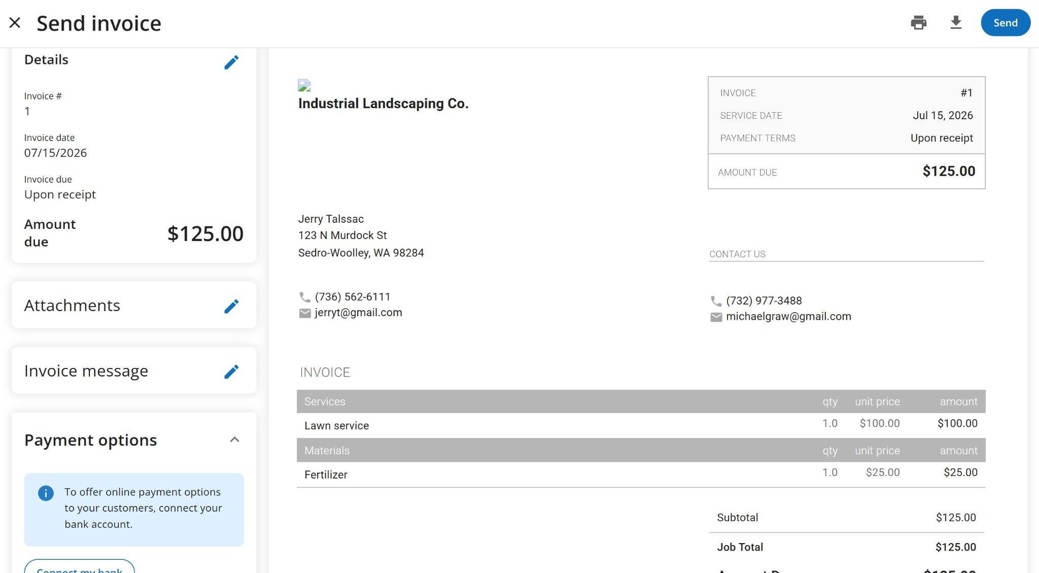 An invoice in Housecall Pro showing charges for a landscaping service. The invoice shows costs for the service provided and materials used, as well as totals. You can also add attachments and a message from the left sidebar.