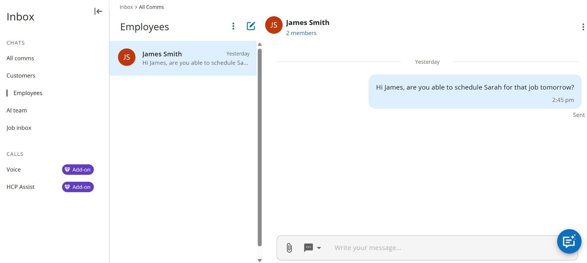 The employee inbox in Housecall Pro showing a 1-on-1 message with an office manager.