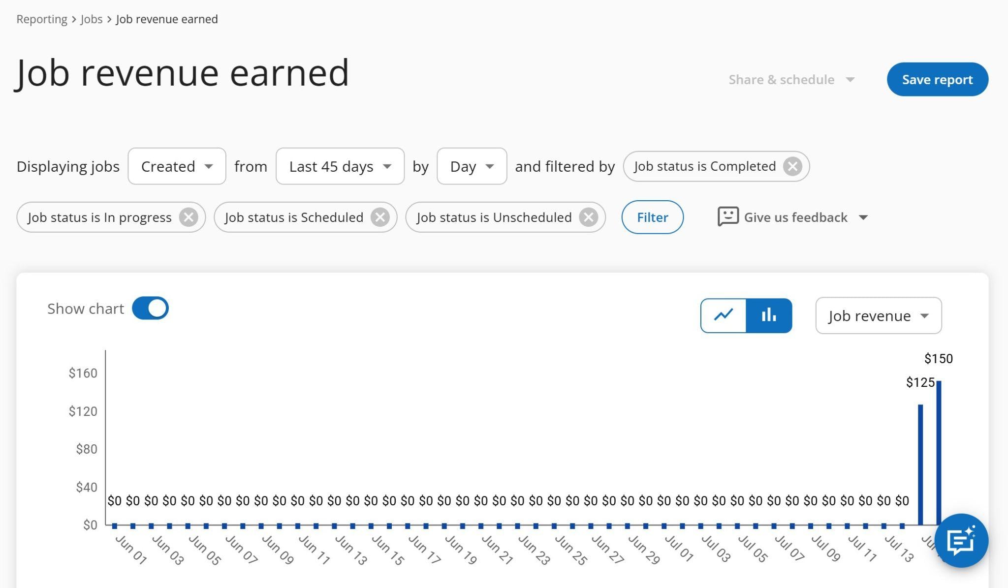 A report in Housecall Pro showing a bar chart of job revenue by day. You can filter by job status, technician, job zip code, date ranges, and more.
