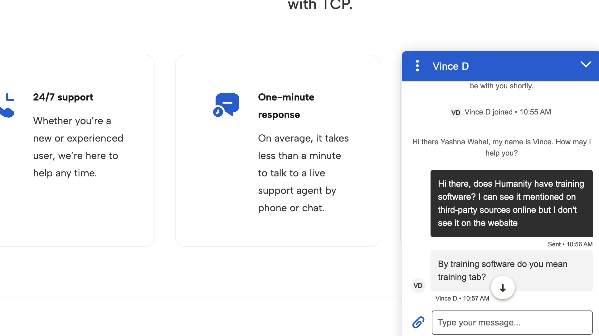 Screenshot of Humanity&rsquo;s customer support page boasting 24/7 support and one-minute responses. The chat box open on the right shows that an agent responded to my question in 1 minute.