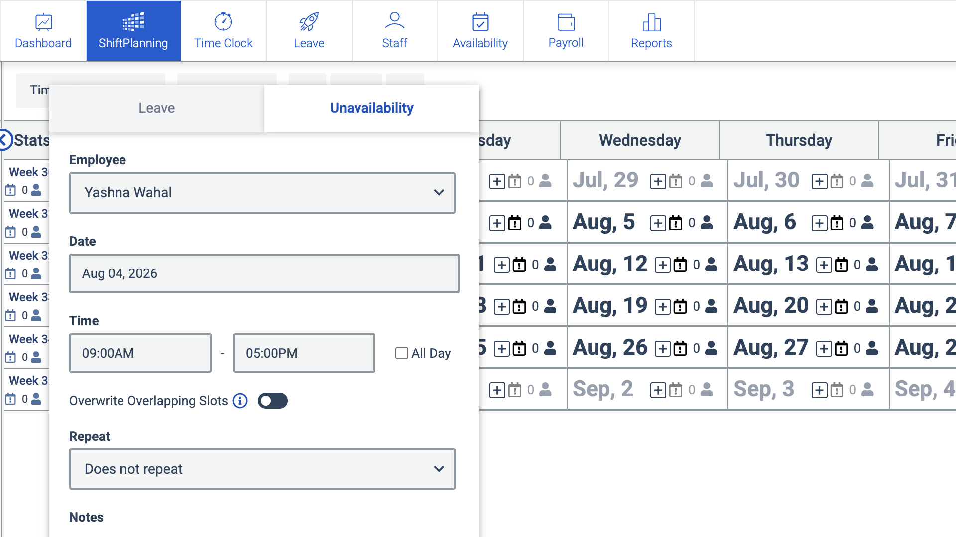 Screenshot of Humanity&rsquo;s unavailability window that sits within shift planning. Employees can set themselves as unavailable, or admins can do this by entering their names, date and time of unavailability, and notes. The repeat option lets you set recurring unavailability.