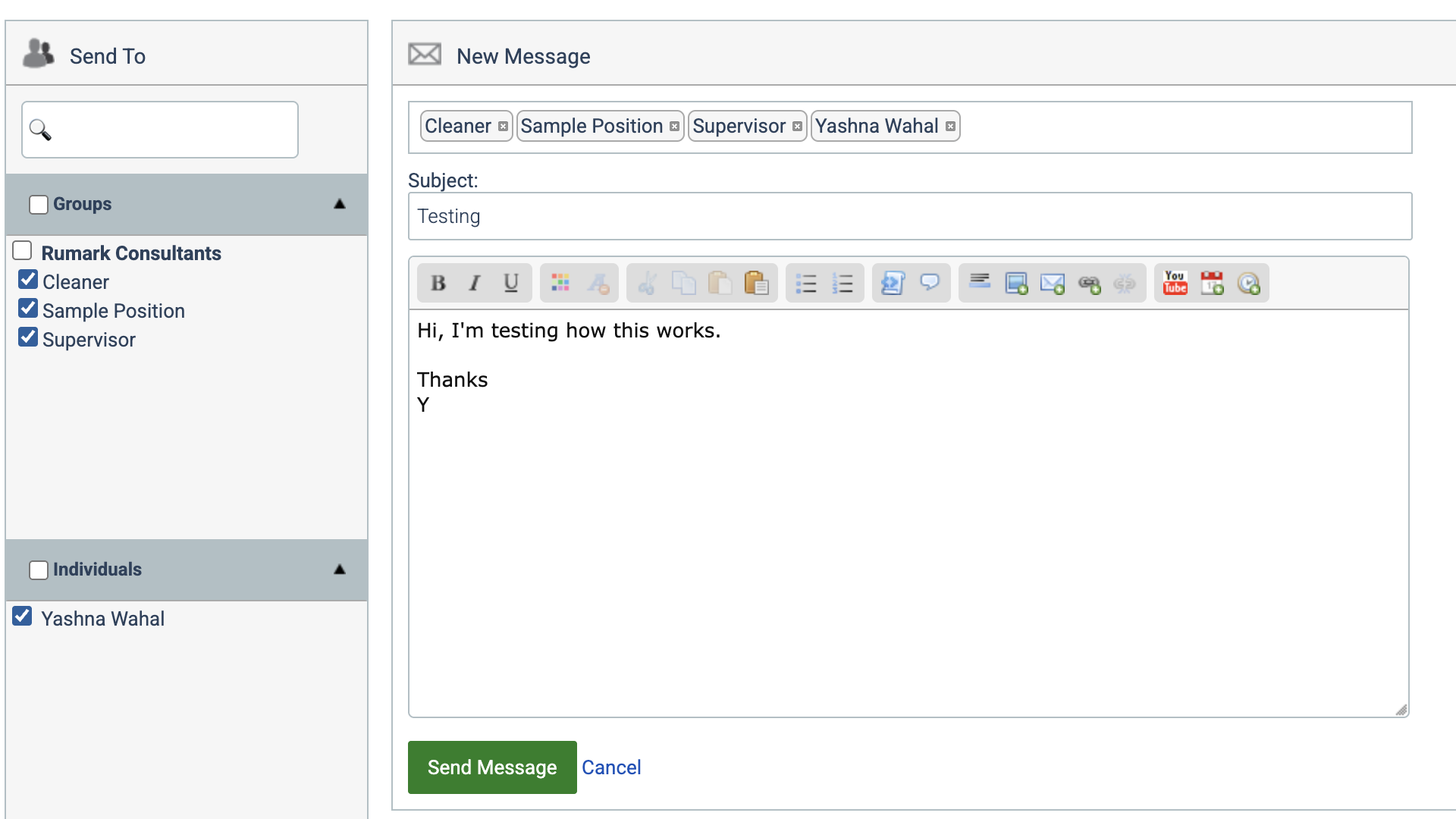 Screenshot of Humanity&rsquo;s new message feature. It has an old-school email interface where you can add recipients, a subject, and your message. There are formatting options, but no clear way to send attachments.