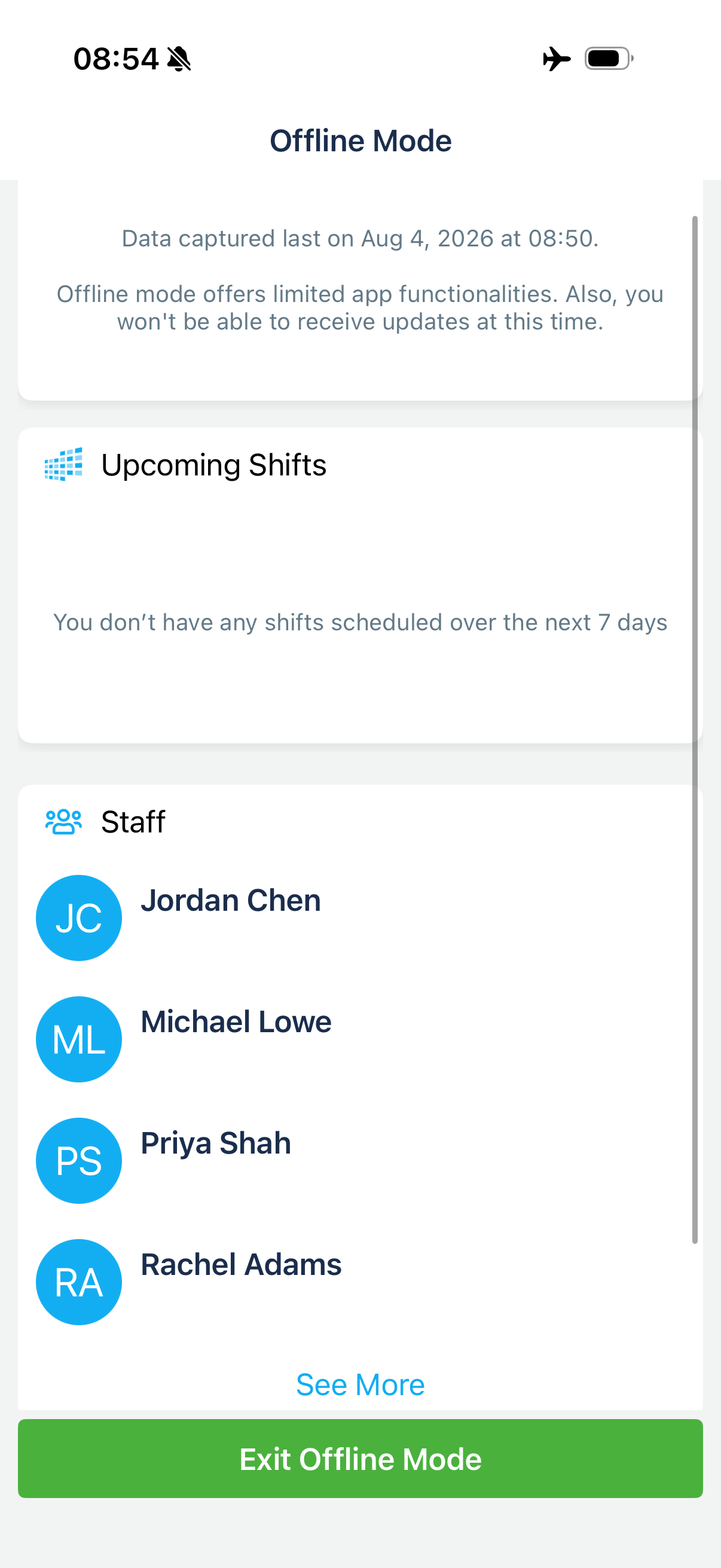 Screenshot of Humanity&rsquo;s offline functionality on the iOS mobile app showing upcoming shifts and a staff contact list. A message at the top shows that you&rsquo;re in offline mode.