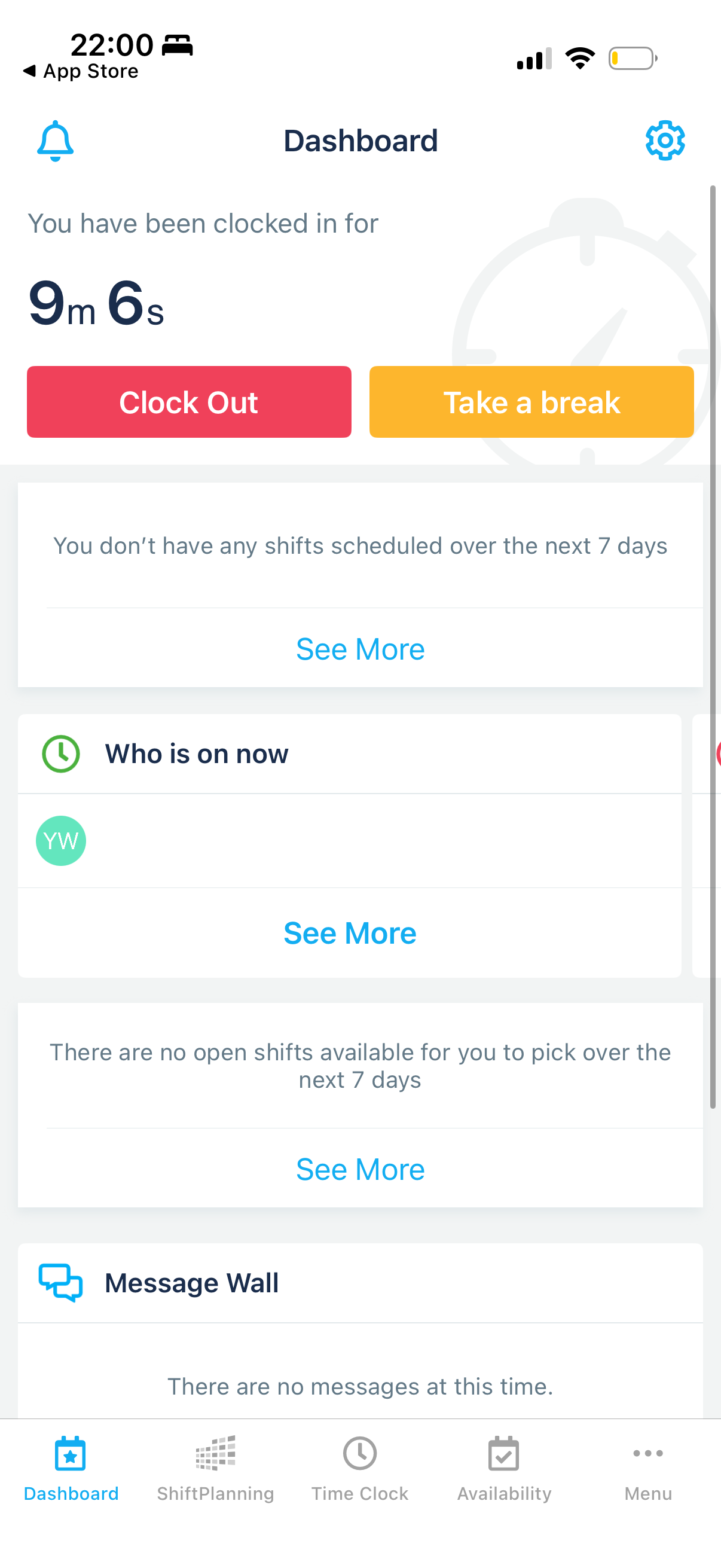 Screenshot of Humanity&rsquo;s mobile app showing a time clock that&rsquo;s been running for 9 minutes and 6 seconds. Below the timer, there are options to clock out and take a break.