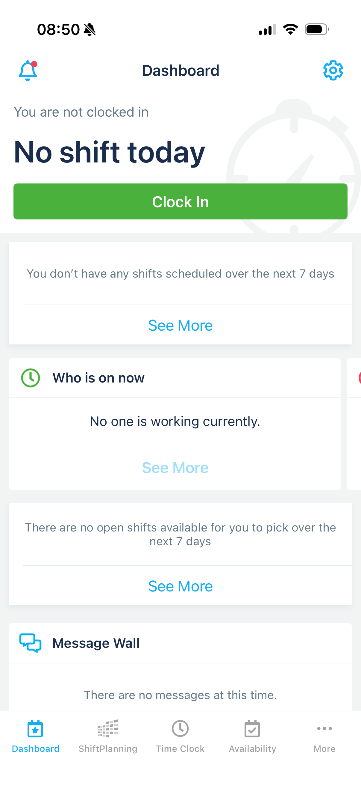 Screenshot from Humanity&rsquo;s mobile app showing the main dashboard with widgets for clocking in, seeing who&rsquo;s clocked in, the message wall, and more. You can navigate to key features like shift planning, time clock, availability, and more from the bottom bar.