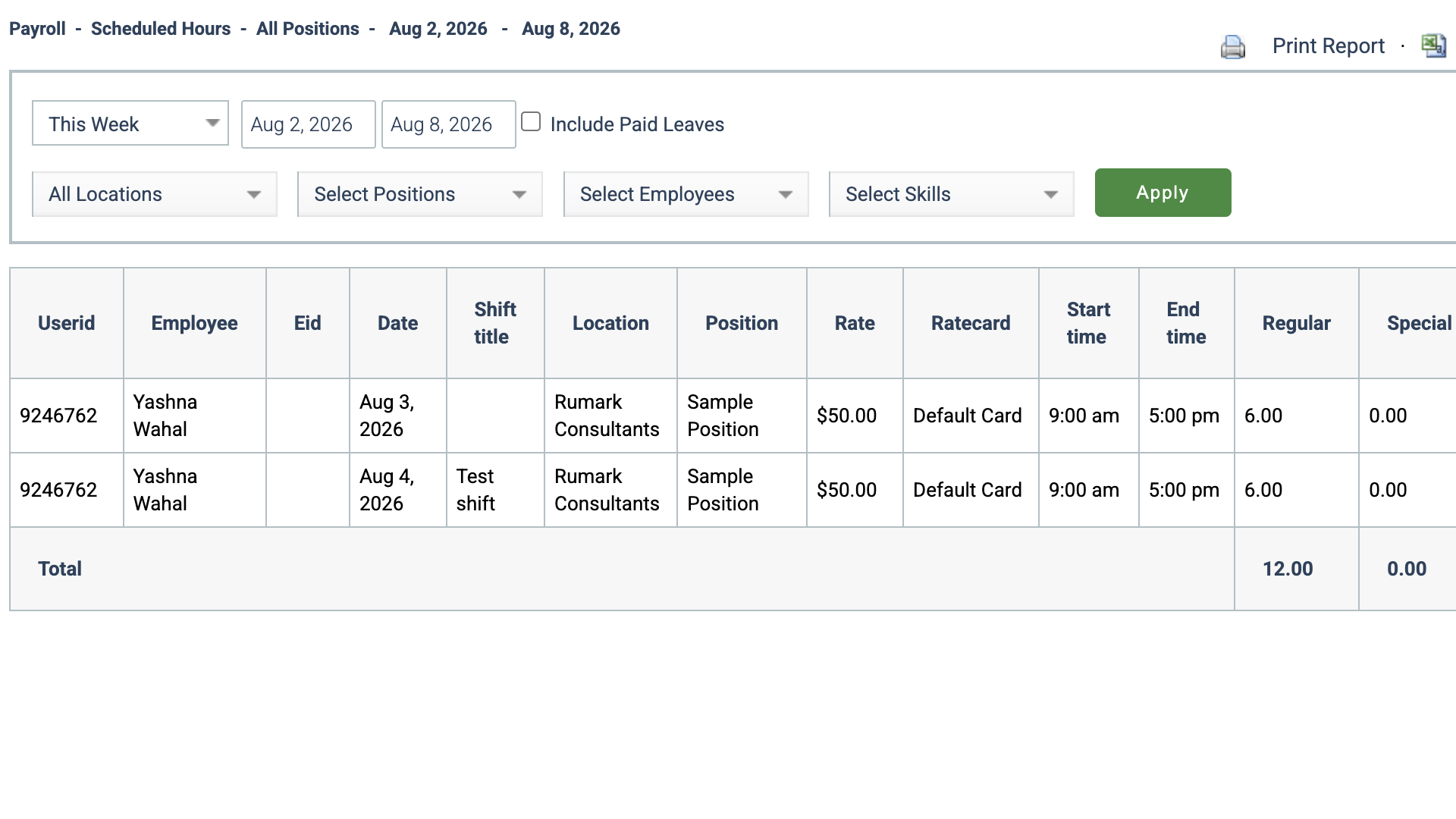 Screenshot of a payroll report in Humanity showing fields like userID, employee, location, position, start and end times, regular hours, and more. The top bar has options to print the report or export it as a CSV or Excel file.