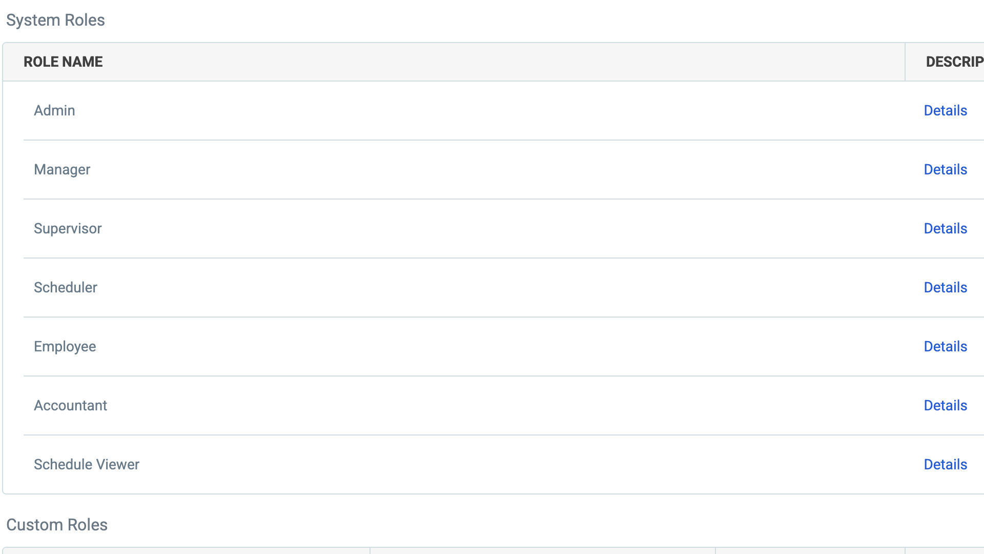 Screenshot of Humanity&rsquo;s predefined system roles, such as admin, manager, supervisor, scheduler, employee, accountant, and scheduler viewer. The bottom of the image also shows the option to build a custom role.