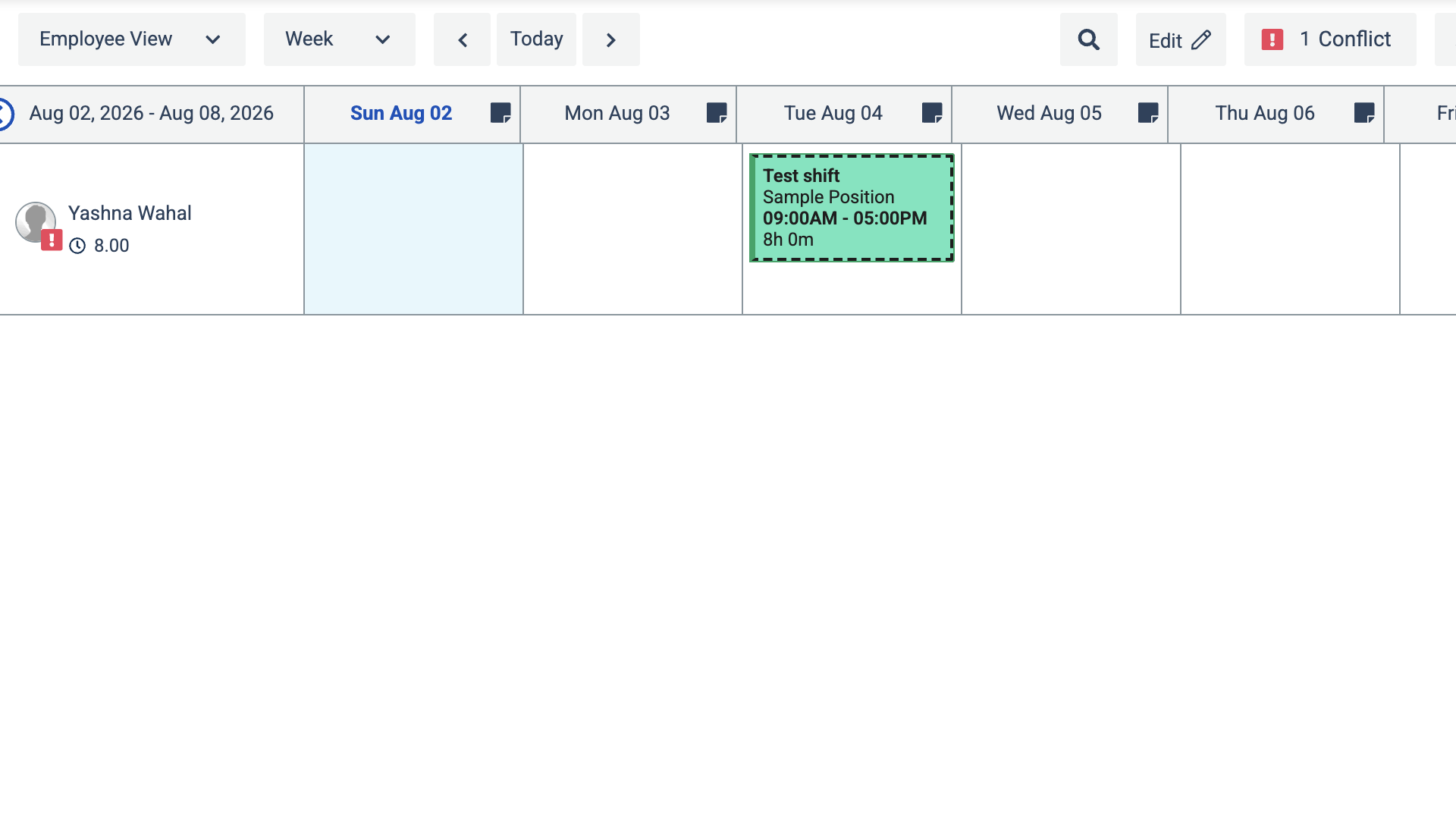 Screenshot of TCP Humanity&rsquo;s scheduler showing &ldquo;1 Conflict&rdquo; on the top right when a user was scheduled for a shift during hours they&rsquo;d marked themselves as unavailable.