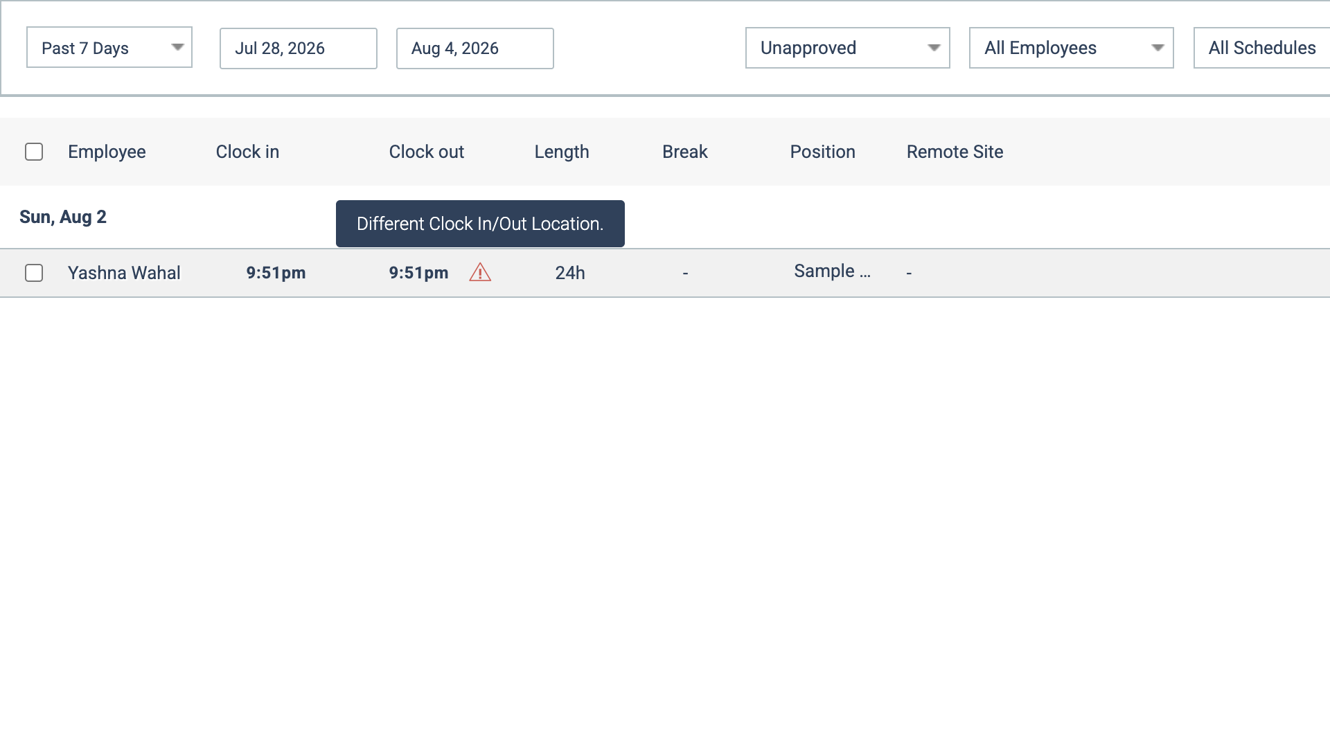 Screenshot of Humanity&rsquo;s timesheets showing a warning sign about an employee clocking in and out of different locations.