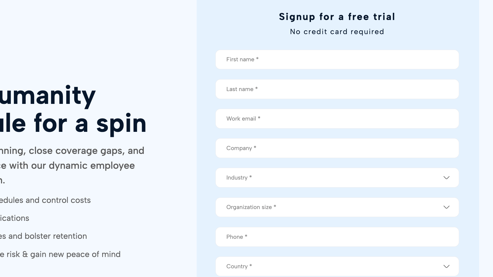 Screenshot of Humanity&rsquo;s free trial request form, with fields for first and last name, work email, company name, industry, organization size, phone number, and country. A signpost at the top clarifies &ldquo;no credit card required.&rdquo;