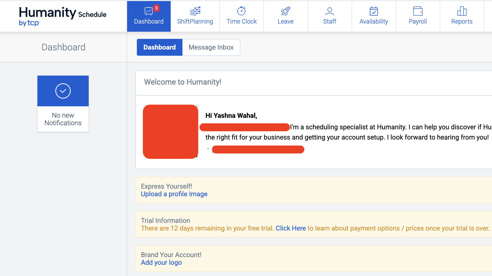 Screenshot of Humanity&rsquo;s dashboard, which displays a welcome message from the sales rep and an onboarding checklist to upload a profile image and add a company logo. The top bar displays key features like shift planning, time clock, leave, staff, and more.