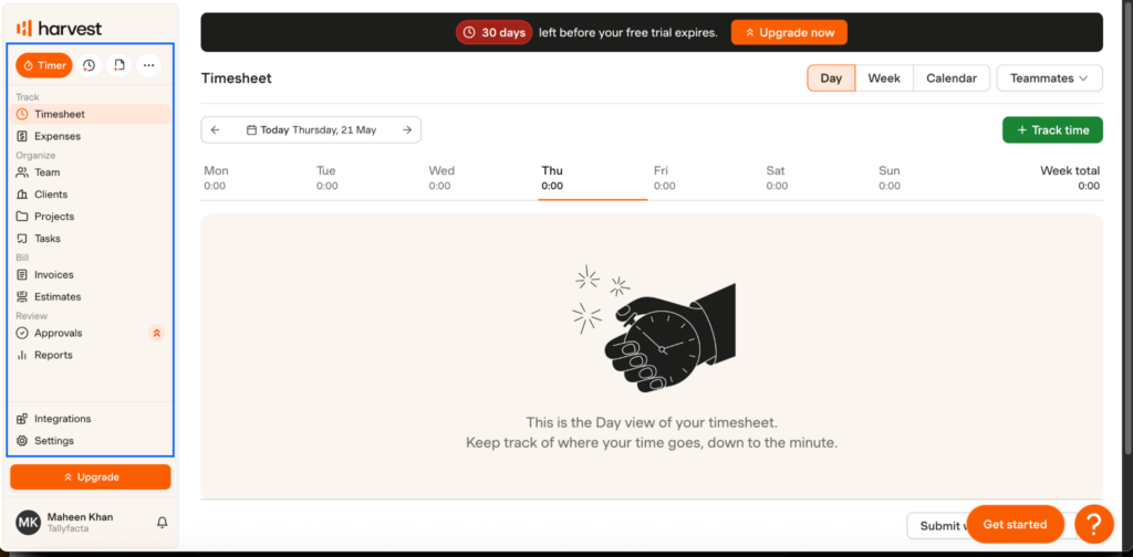 Harvest&rsquo;s home screen showing the Timesheet feature. The left-side navigation pane shows key features like Expenses, Team, Clients, Projects, Invoices, and more. The center of the page shows a day view for the user&rsquo;s timesheets.&nbsp;