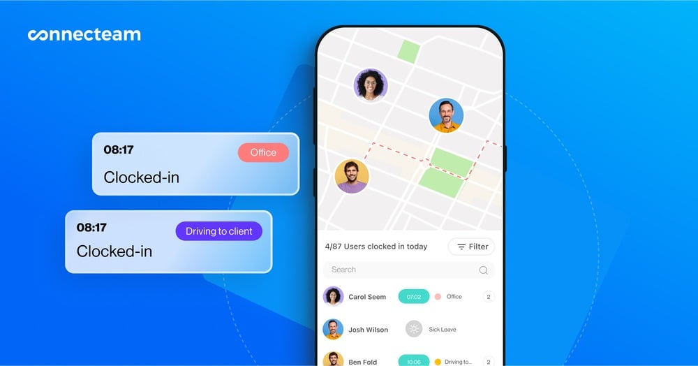 Connecteam mobile dashboard showing GPS-based employee tracking, live clock-in statuses, and real-time field activity monitoring.