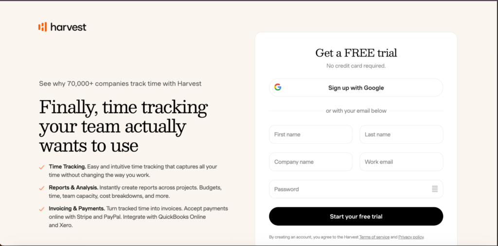 Harvest&rsquo;s signup page highlighting a 30-day free trial with no credit card required. Options include signing up with Google or through email, with fields for first and last name, company name, work email, and password.