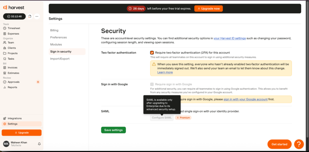 Harvest&rsquo;s security settings showing enforced 2FA, Google sign-in controls, and Enterprise-only SAML single sign-on configuration options.