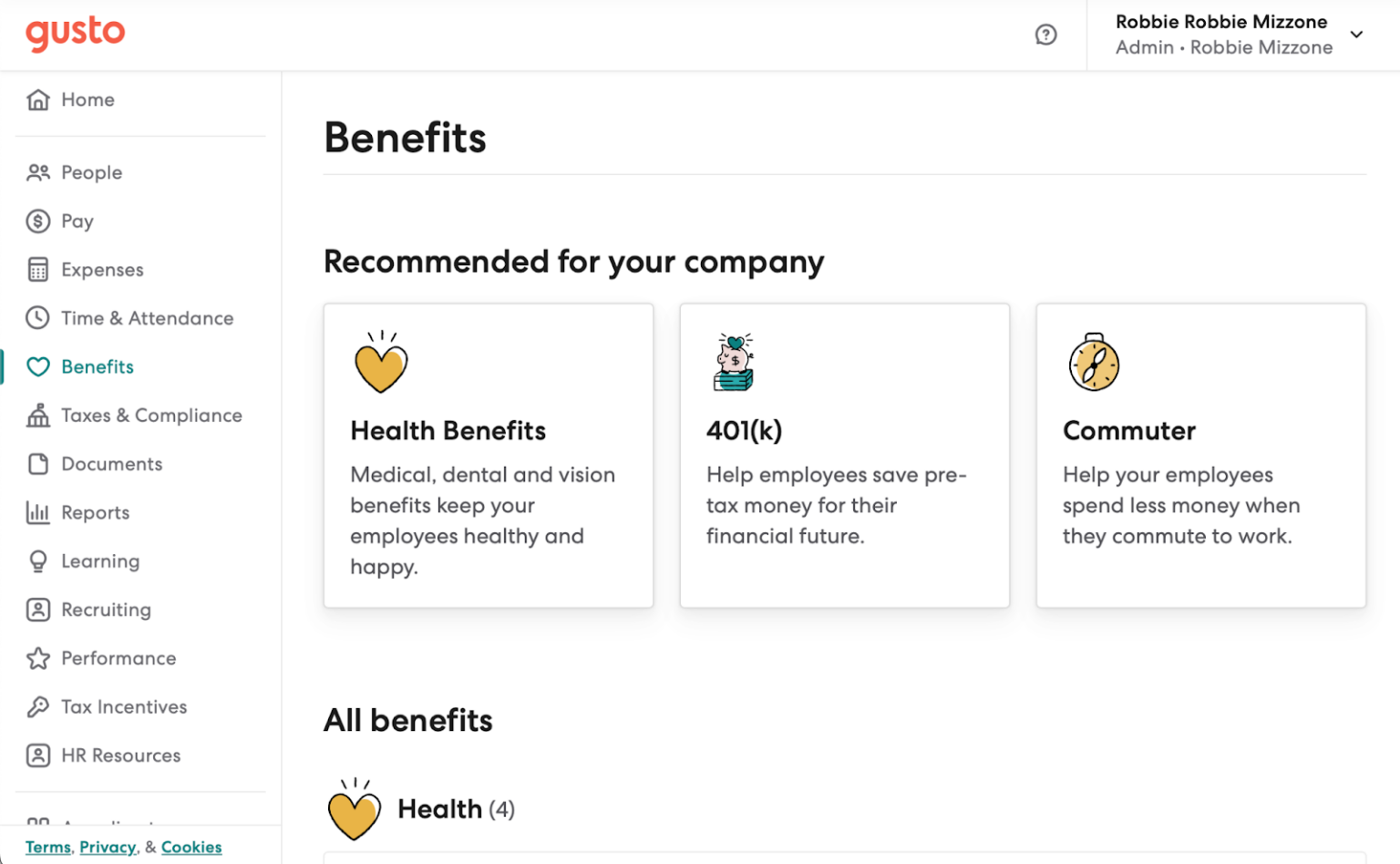 Gusto helps businesses set up health benefits, 401(k) plans, or commuter reimbursements.