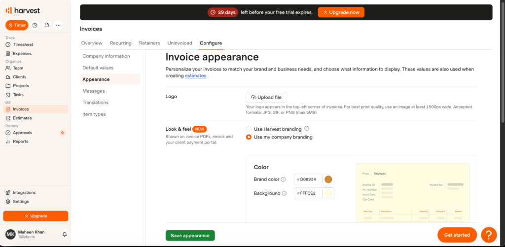 Harvest&rsquo;s invoice appearance settings showing invoice branding customization options, including logo uploads, company colors, and branded invoice previews.