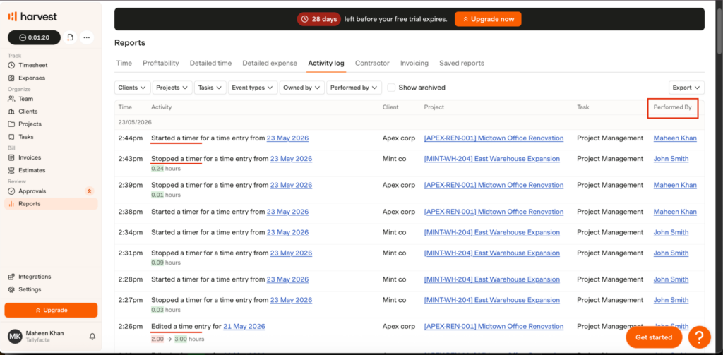 Harvest&rsquo;s Activity Log report showing who started or stopped timers, edited time entries, and performed project-related actions, alongside associated clients, projects, tasks, and timestamps.