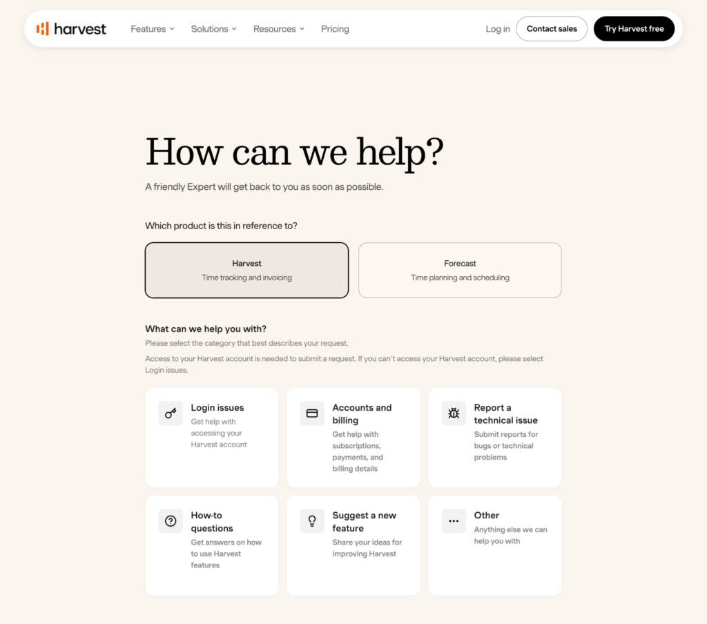 Harvest&rsquo;s support portal lets users contact support for login issues, billing questions, technical problems, feature requests, and product guidance.