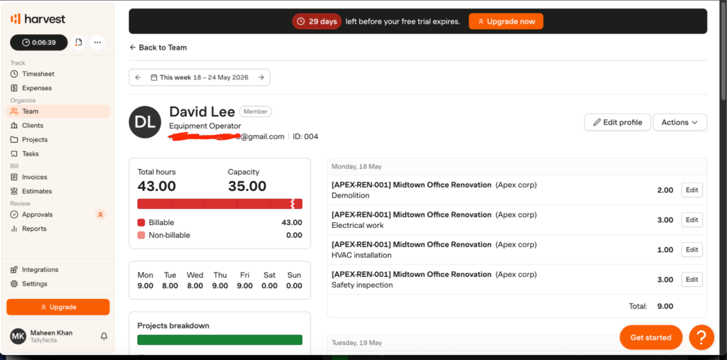 Harvest&rsquo;s team member overview showing weekly tracked hours versus capacity, daily hour breakdowns, and project-based time entries for an individual employee. Unfortunately, there is no warning or notification about crossing the allotted limits.&nbsp;