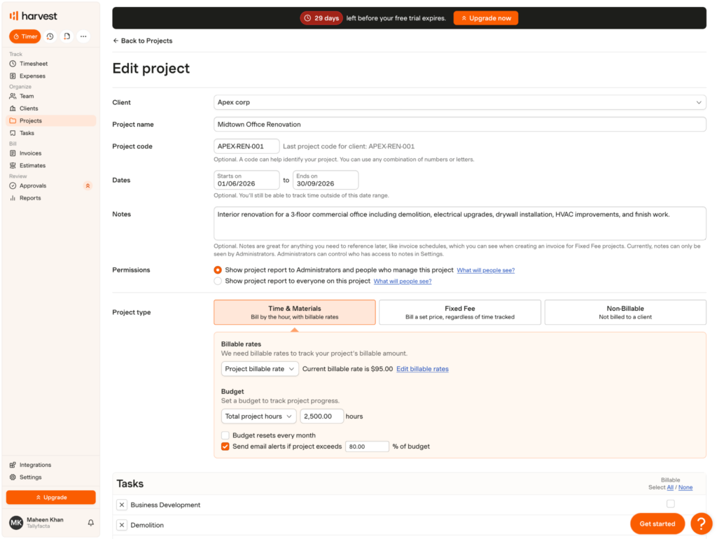 Harvest&rsquo;s project setup screen showing billable and non-billable project types, client assignments, project budgets, task selection, teammate access controls, billing methods, and configurable budget-threshold email alerts.