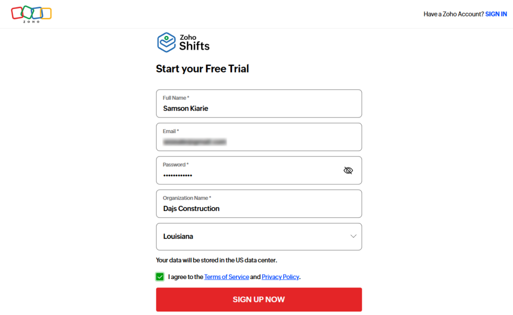  Screenshot showing Zoho Shifts signup page.&nbsp;