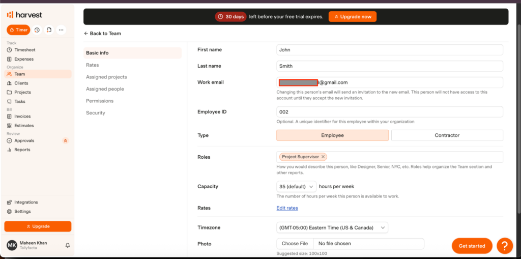 Harvest&rsquo;s employee profile settings showing roles, permissions, capacity limits, billable and cost rates, contractor settings, and project assignments.
