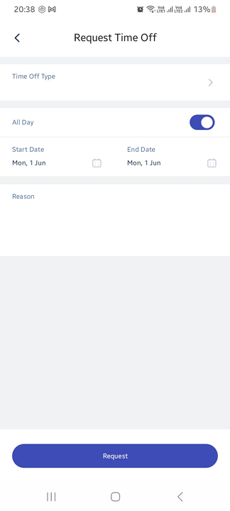 Screenshot showing Zoho Shifts time off request option on mobile.&nbsp;