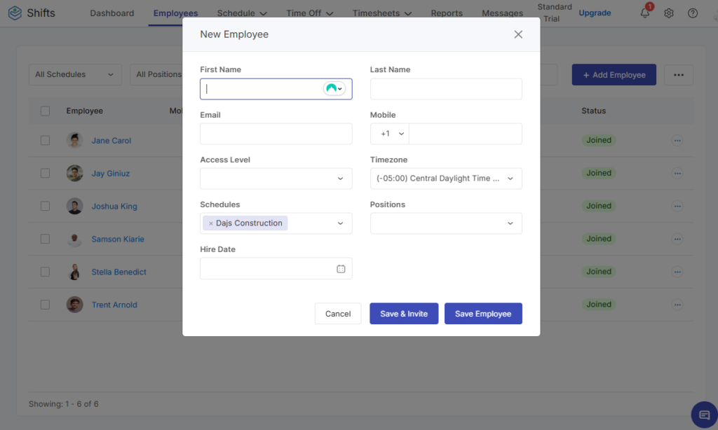 Screenshot showing employee invite page.&nbsp;