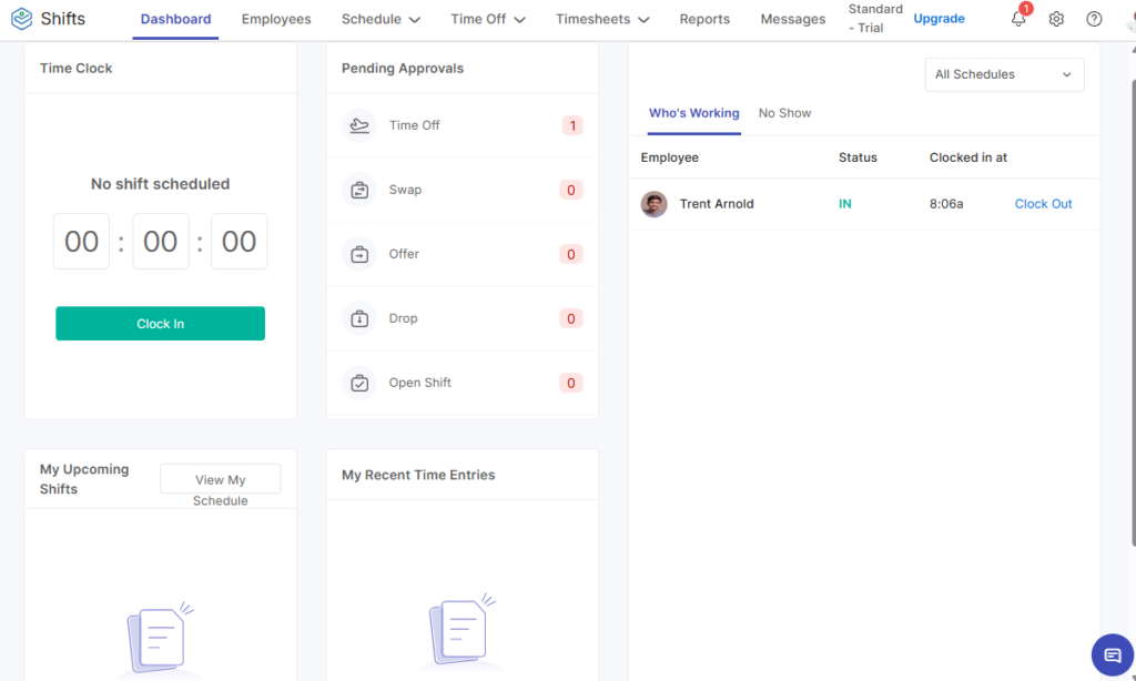 Screenshot showing Zoho Shifts&rsquo; dashboard.&nbsp;