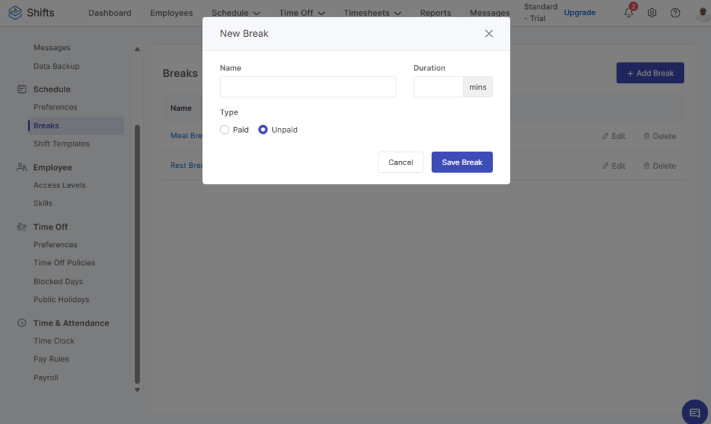 Screenshot showing Zoho Shifts break options.&nbsp;