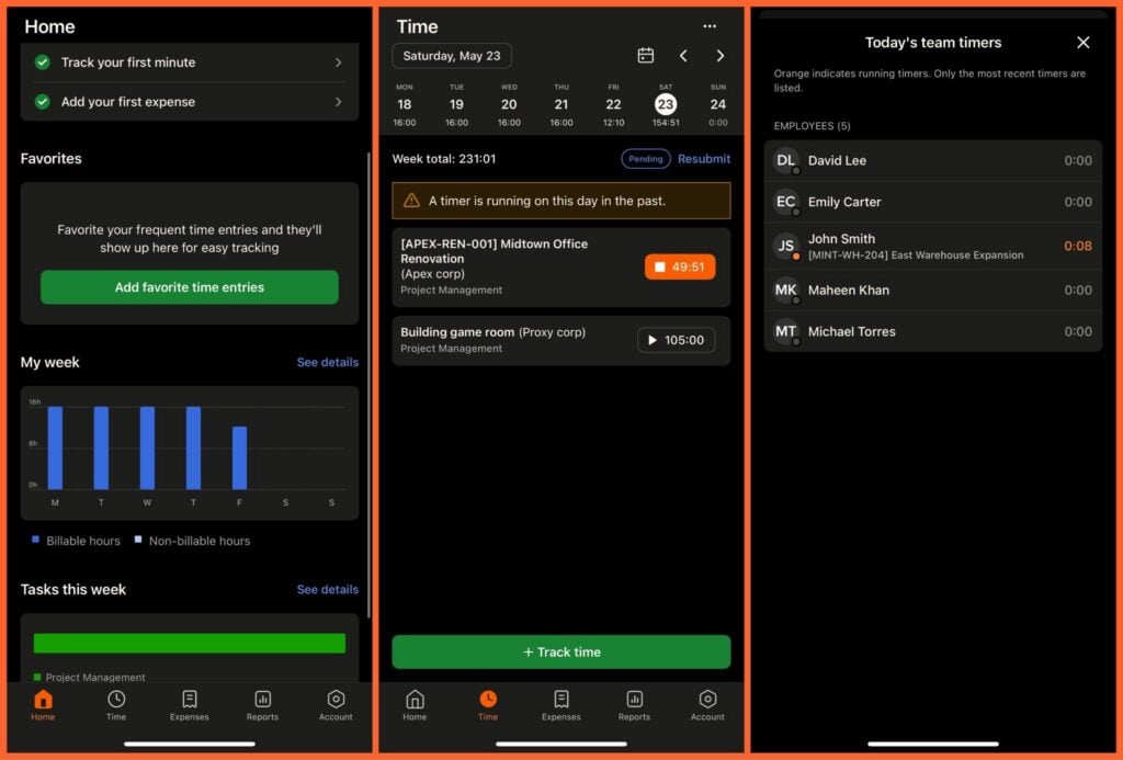Harvest&rsquo;s mobile app showing the home dashboard with weekly summaries on the left, the time-tracking screen with active timers and timesheets in the center, and a &ldquo;team timers&rdquo; view displaying currently running timers across employees on the right.