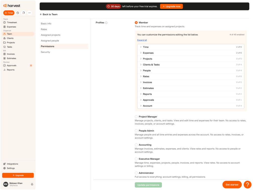 Harvest&rsquo;s permissions screen highlighting 6 predefined user roles (Member, Project Manager, People Admin, Accounting, Executive Manager, and Administrator) with customizable access controls for different responsibilities and visibility levels.