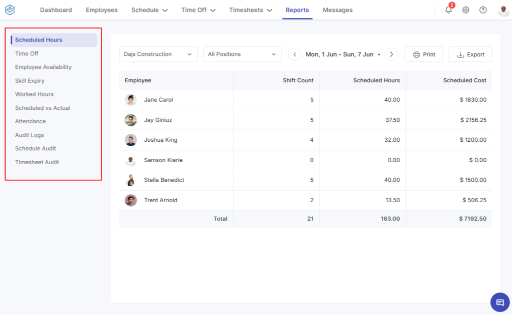Screenshot showing Zoho Shifts reporting options. 