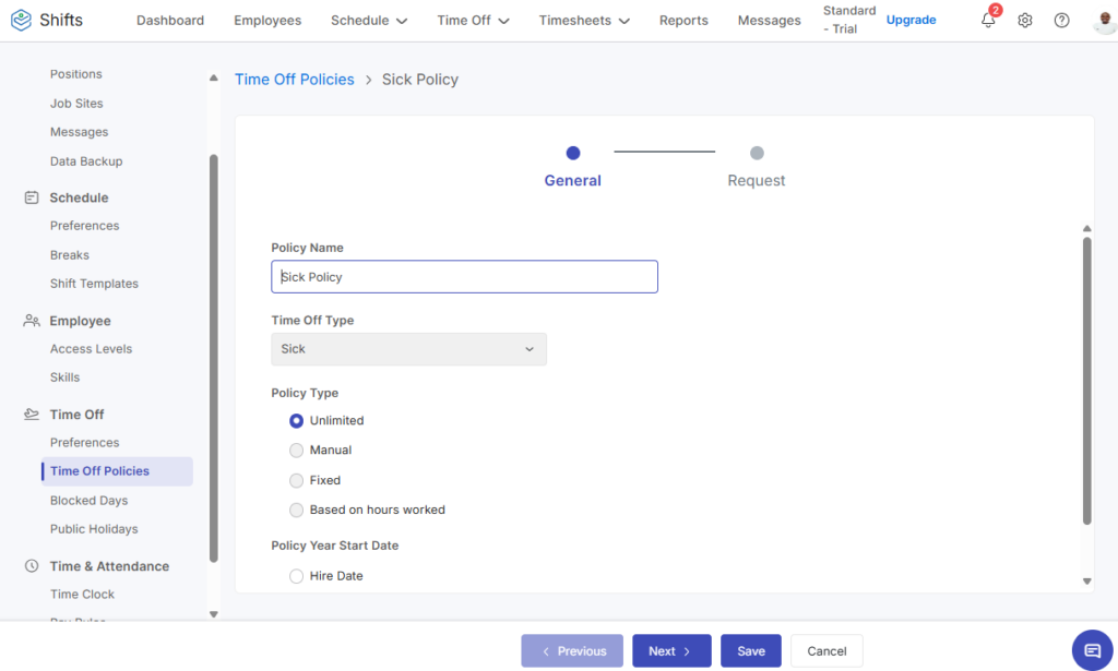 Screenshot showing Zoho Shifts time-off settings page.&nbsp;