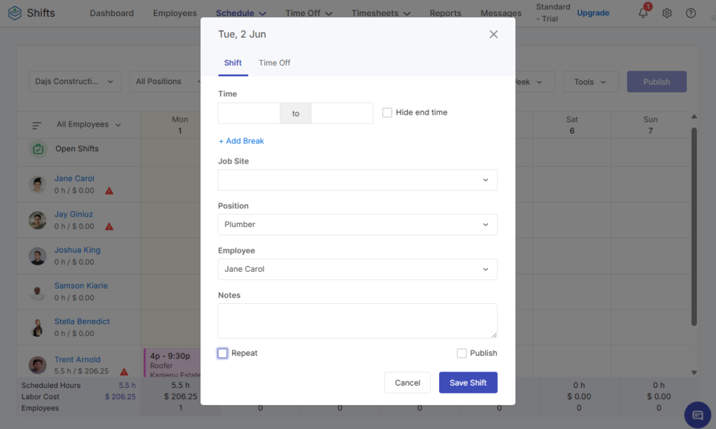 Screenshot showing Zoho Shifts shift details card.