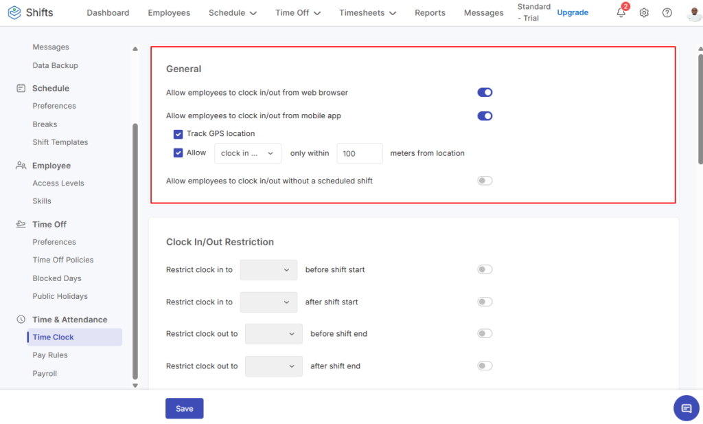 Screenshot showing Zoho Shifts geofence radius settings.&nbsp;
