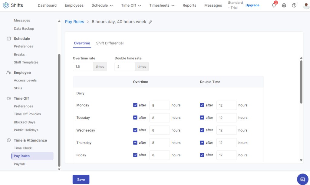 Screenshot showing Zoho Shifts overtime options.&nbsp;
