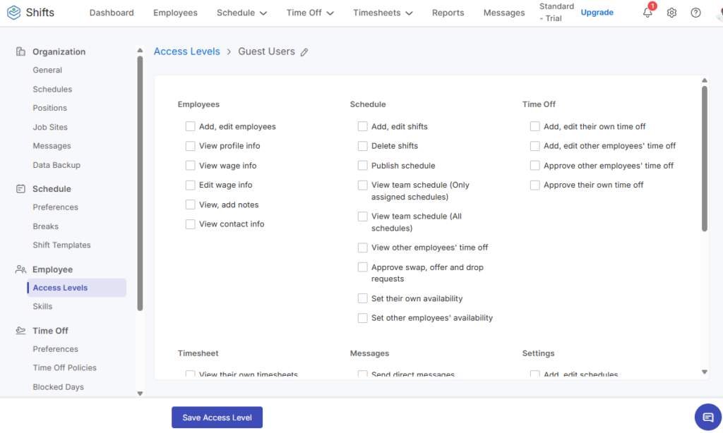 Screenshot showing Zoho Shifts&rsquo;s access levels settings page
